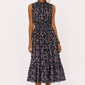 Nanette Lepore Black Floral Smocked Midi Dress Size 8 NWOT